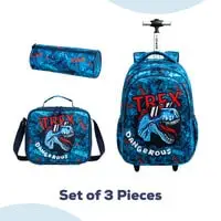 إيزي كيدز - مجموعة من 3 حقائب مدرسية بعجلات مقاس 18 بوصة وحقيبة غداء ومقلمة تي - ديناصور ريكس - أزرق