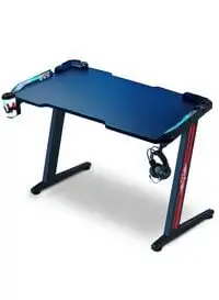 Sky-Touch Gaming Desk 120x60x75cm, Ergonomic Computer And Gaming Table Z-Shaped For PC, Workstation, Home, And Office With LED Lights Carbon Fiber Surface, Cup Holder And Headphone Hook, Blue