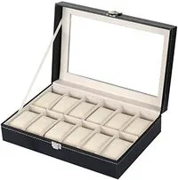 Generic صندوق مجوهرات للرجال عالي الجودة مكون من 12 حجرة من جلد البولي يوريثان وحافظة عرض منظم صندوق الساعة - أسود