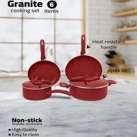 La Casa 6 Pieces Turkish Granite Cookware Set With Pyrex Lid - Red