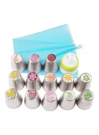 Generic 15pcs/Set Russian Icing Piping Nozzles Stainless Steel Flower Cream Pastry Tips Nozzles Kit With Storage Gift Box, Cake Decorating Tools Baking Supplies Silver 15*6*10cm
