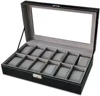 Generic Large 12 Mens Black Pu Leather Display Glass Top Jewelry Case Watch Box Organizer