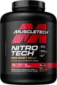 مسحوق بروتين مصل اللبن الذهبي 100% من MuscleTech Nitro Tech، شوكولاتة غنية مزدوجة، 5 رطل