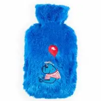 Biggdesign Mr. Allright Man Hot Water Bottle with Soft Plush Cover, Cold & Hot Compress, 2L Large, Washable Hot Water Bag for Cramps, Neck and Back Pain, Feet and Shoulders, Blue