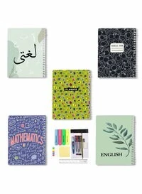 Lowha Set Of 5 Spiral Notebooks For School, 60 Sheets With Hard Paper Covers For Arabic, English, Mathematics With A Set Of School Supplies