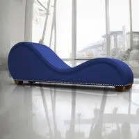 أريكة In House رومانسية بتصميم فاخر ورومانسي مع وضع السرير من القماش المخملي مع أزرار فضية مزخرفة سفلية - أزرق داكن