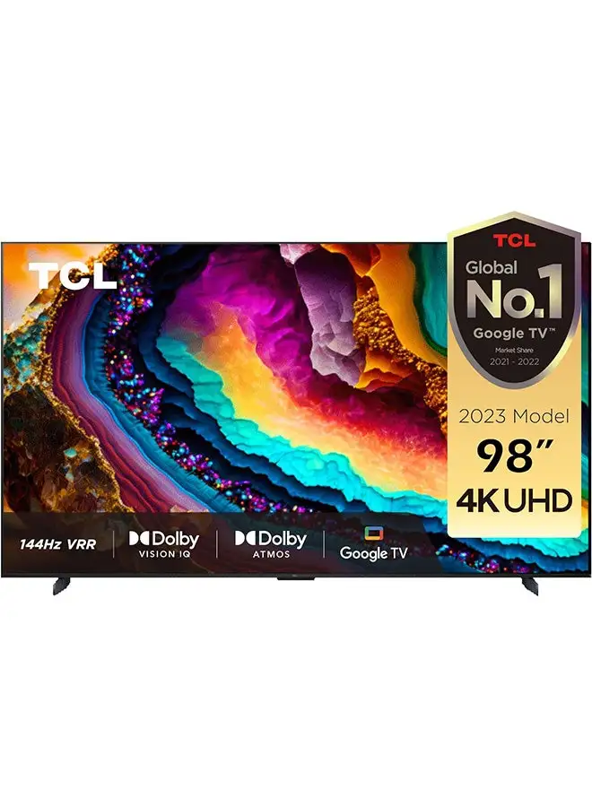 تلفزيون TCL 98 بوصة 4K UHD Google، تلفزيون ذكي مع HDR 10+ Dolby Vision IQ 120 هرتز MEMC 144 هرتز VRR HDMI 2.1 - Game Master 2.0، Android TV Ui وTCL TV+3.X Ui، Dolby Vision IQ-Atmos، HDR 10+، موديل 2023 98P745 اسود