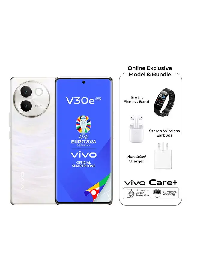 vivo V30e 5G ثنائي الشريحة باللون الأبيض الحالم وذاكرة وصول عشوائي سعتها 12 جيجابايت وذاكرة وصول عشوائي سعتها 256 جيجابايت مع هدايا حصرية عبر الإنترنت: سوار اللياقة البدنية الذكي، سماعات أذن TWS، ضمان ممتد لمدة 24 شهرًا، حماية من أضرار الشاشة لمدة 12 شهرًا - إصدار الشرق الأوسط