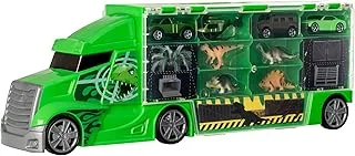 لعبة شاحنة نقل الديناصورات من شركة تيمسترز مع الديناصورات والسيارات المصبوبة | مجموعة تخزين مزدوجة الجوانب لـ 28 سيارة لعب للأولاد والبنات والأطفال الصغار