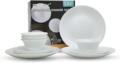 Dinex Opalware Dinner Set 12 Pcs For Serving 4 Persons, Including 10 Inch Dinner Plate x 4 Pcs 7.5 Inches Dessert Plate x 4 Pcs 5 Inches X 4 Pcs | White