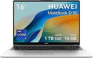 HUAWEI MateBook D 16 Laptop with 16 Inch Eye Comfort FullView Display, Light and Metal Body, 13th Core i9 High Peformance Processor, Nimble Numeric Keypad, 16GB RAM+1TB SSD, English/Arabic, Silver