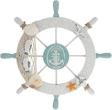 Rienar Nautical Beach Wooden Boat Ship Steering Wheel Fishing Net Shell Home Wall Decor White - Fish