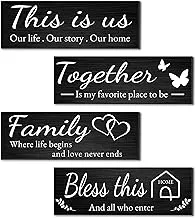 Joyhawk 4 Pieces Home Wall Decor Signs, THIS IS US/TOGETHER/BLESS THIS HOME/FAMILY Wall Decor For Living Room Bedroom, Rustic Wooden Farmhouse Wall Art Decor, 4.7 x 13.8 Inch(Black)