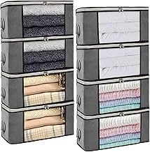 Isbasa 8 Pack Clothes Storage Foldable Clothes Storage Bags Clothing Organizer with Clear Window Sturdy Zipper and Reinforced Handle for Blankets, Clothes, Bedding, Grey, 36L