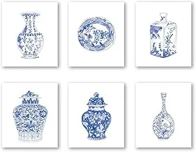 Chinoiserie Wall Art Print- Bedroom or Study Decor - Chinese Blue White Porcelain Vase Canvas Print (Set of 6)-Unframed-8X10 inch