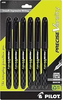 PILOT, Precise Varsity Pre-Filled Fountain Pens, Medium Point 1 mm Stainless Steel Nib, Black, 6-Pack