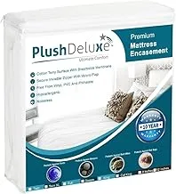 PlushDeluxe Premium Mattress Encasement - Zippered Waterproof Bed Cover, 6-Sided Protection - Hypoallergenic Terry Fabric - Protects Against Dust, Critters - [12-15