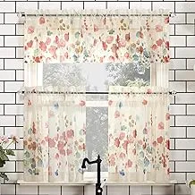 No. 918 Rosalind Watercolor Floral Semi-Sheer Rod Pocket Kitchen Curtain Valance and Tiers Set, 54