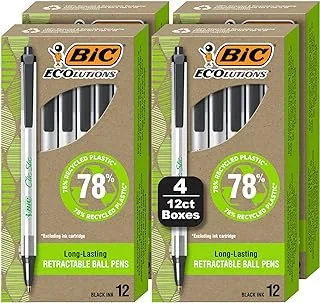 قلم كرة قابل للسحب ReVolution Clic Stic من BIC، قلم بلاستيك معاد تدويره بنسبة 62%، أسود، نقطة متوسطة (1.0 ملم)، عبوة معاد تدويرها بنسبة 100%، عبوة مكونة من 48 قطعة