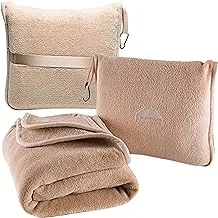 BlueHills Premium Soft Travel Blanket Pillow Airplane Blanket Packed in Soft Bag Pillowcase with Hand Luggage Belt and Backpack Clip, Compact Pack Large Blanket for Any Travel (Beige T005)