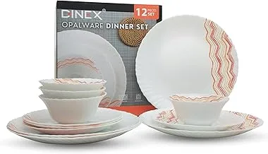 Dinex Opalware Dinner Set 12 Pcs For Serving 4 Persons, Including 10 Inch Dinner Plate x 4 Pcs 7.5 Inches Dessert Plate x 4 Pcs 5 Inches X 4 Pcs | Orange Pattern