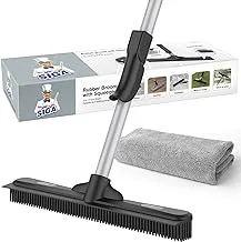 MR.SIGA Pet Hair Removal Rubber Broom with Built in Squeegee, 3 in 1 Floor Brush for Carpet, 62 inch Adjustable Handle, Includes One Microfiber Cloth for Floor Dusting