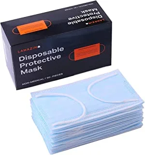 Lawazim Disposable Face Mask with Elastic Earloop - 50 Piece, Three-Layer Protection for Comfortable and Reliable Daily Use |Protective Breathable Non-woven Nose wire Dust Single-use Virus protection.