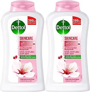 Dettol Skincare Shower Gel & Body Wash, Rose & Sakura Blossom Fragrance for Effective Germ Protection & Personal Hygiene, 250ml (Pack of 2)