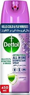 Dettol Antibacterial All in One Disinfectant Spray Effective Germ Protection & Personal Hygiene, Kills 99.9% of Bacteria & Viruses, Lavender Fragrance, 450ml
