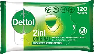 Dettol Original 2 in 1 Antibacterial Skin and Surface Wipes for 100% Better Germ Protection, Pack of 120 Wipes