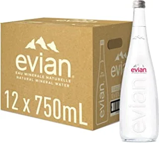 evian Mineral Water, Naturally Filtered Drinking Water, 750ml Bottled Water Crafted by Nature, Case of 12 x 750ml Glass Water Bottles