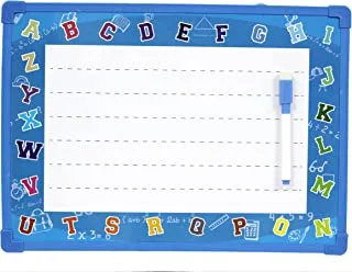 لوحة بيضاء كبيرة للمسح الجاف للأطفال ، لوح خشبي محكم للمسح الجاف مع قلم تحديد ، حامل مغناطيسي ، لوحة مبطنة لتعلم الكتابة ، مع أحرف إنجليزية وعربية على الوجهين (36 سم × 26 سم) لون أزرق