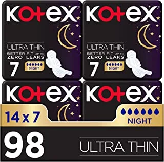 Kotex Ultra Thin Pads, Overnight Protection Sanitary Pads with Wings, 98 Sanitary Pads