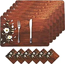 Fun Homes Wooden Floral Design PVC 6 Piece Dining Table Placemat Set with Tea Coasters (Brown)