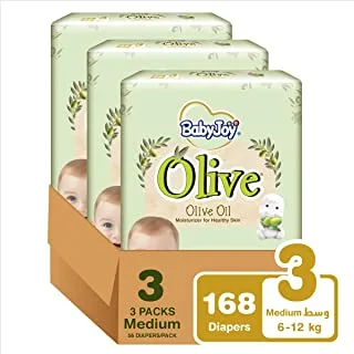 Babyjoy Olive Oil, Size 3, Medium, 6-12 Kg, Mega Box, 168 Diapers