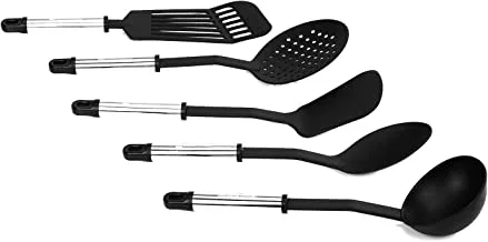 Royalford 5 Piece Silicone Utensil Set Kitchen Gadgets Set Includes Slotted Spatula, Solid Spoon, Pasta Spoon, Masher & Ladle, Black, Rf1796-Nkt