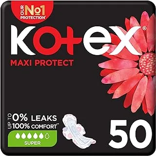 Kotex Maxi Protect Thick Pads, Super Size Sanitary Pads with Wings, 50 Sanitary Pads