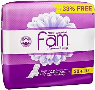 Fam classic with wings natural cotton feel, super sanitary pads, 40 pads 33%off