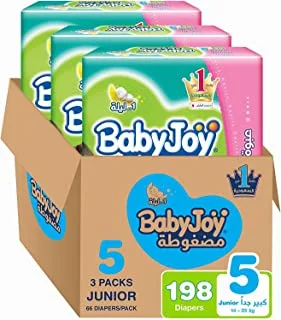 Babyjoy Compressed Diamond Pad, Size 5, Junior, 14-25 Kg, Giant Box, 198 Diapers