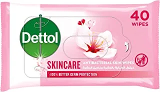 Dettol Skincare Antibacterial Skin Wipes for Use on Hands, Face, Neck etc, Protects Against 100 Illness Causing Germs, Pack of 40 Water Wipes