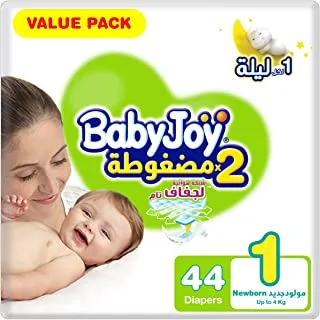Babyjoy Compressed Diamond Pad, Size 1, Newborn, 0-4 Kg, Value Pack, 44 Diapers
