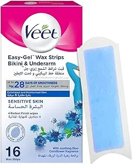 Veet Hair Removal Easy-Gel Wax Strips Bikini & Underarm for Sensitive Skin, Soothing Blue Cornflower Fragrance – 16 Wax Strips