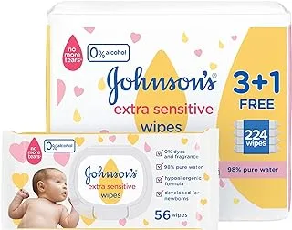Johnson's Baby, Wipes, Extra Sensitive, 98% pure water, 3+1 packs of 56 wipes, 224 total count