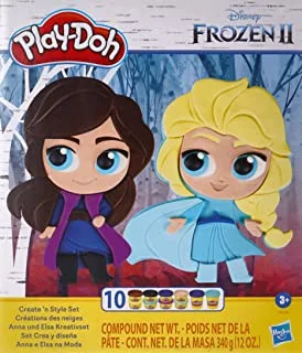 Play-Doh يضم Disney Frozen 2 Create 'n Style Set لعبة آنا وإلسا للأطفال 3 سنوات فما فوق مع 10 علب Play-Doh ، غير سامة