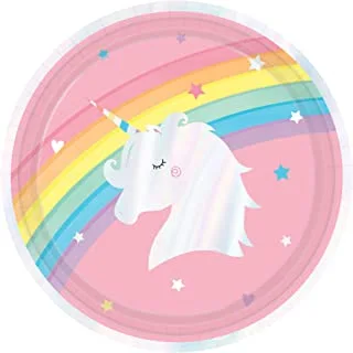 Rainbow Unicorn Birthday Round Paper Plates-8Pc