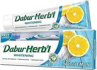 Dabur Herbal Whitening Natural Toothpaste (150g + Toothbrush) | Enriched With Salt and Lemon | For Sparkling Shine & Super White Teeth