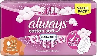 Always Cotton Soft Ultra Thin, Normal sanitary pads with wings, 20 Count