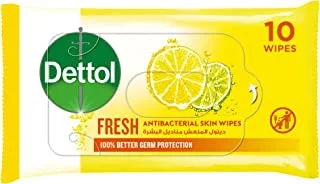 Dettol Fresh Antibacterial Skin Wipes for Use on Hands, Face, Neck etc, Protects Against 100 Illness Causing Germs, Pack of 10 Water Wipes