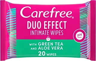 Carefree, daily intimate wipes, duo effect, with green tea and aloe vera, pack of 20 wipes