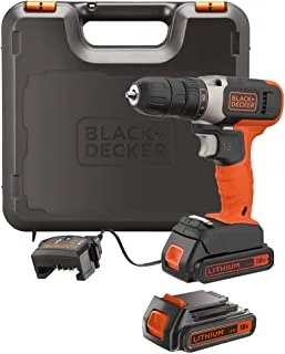 BLACK+DECKER 18V 1.5Ah Li-Ion Cordless Electric Compact Drill Driver with 2 Batteries in Kitbox for Wood Drilling & Screwdriving/Fastening, Orange/Black - BCD001C2K-GB,